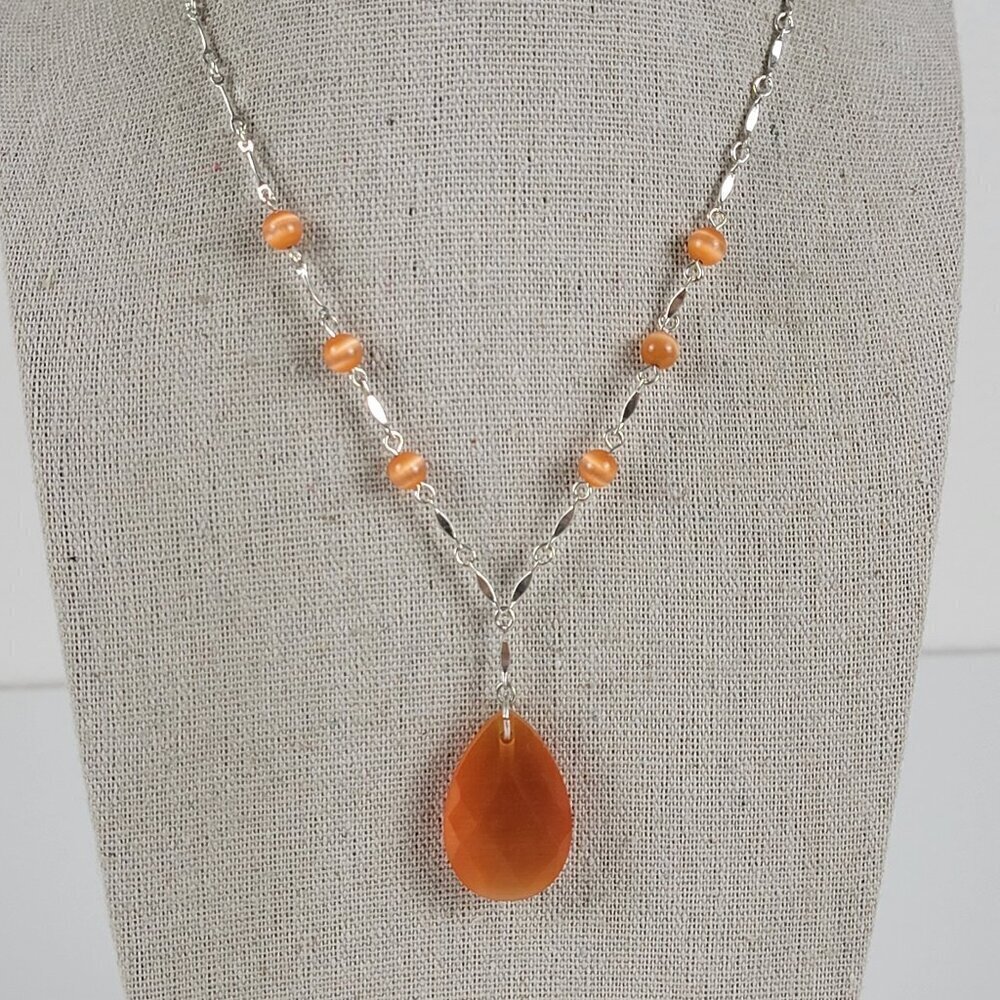 Vtg. 70's Avon Silver-Tone Orange Cat's Eye Teardrop Pendant Necklace 18"